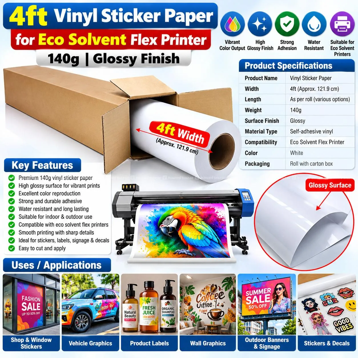 4ft Vinyl Sticker Paper  140g Glossy