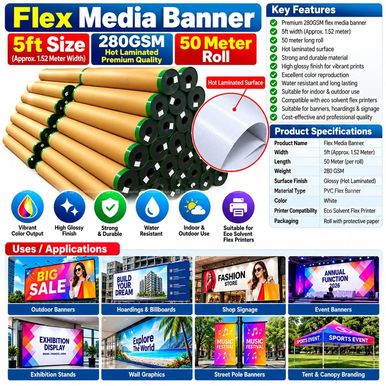 Flex Banner Roll 280GSM 5ft Size Standard Quality