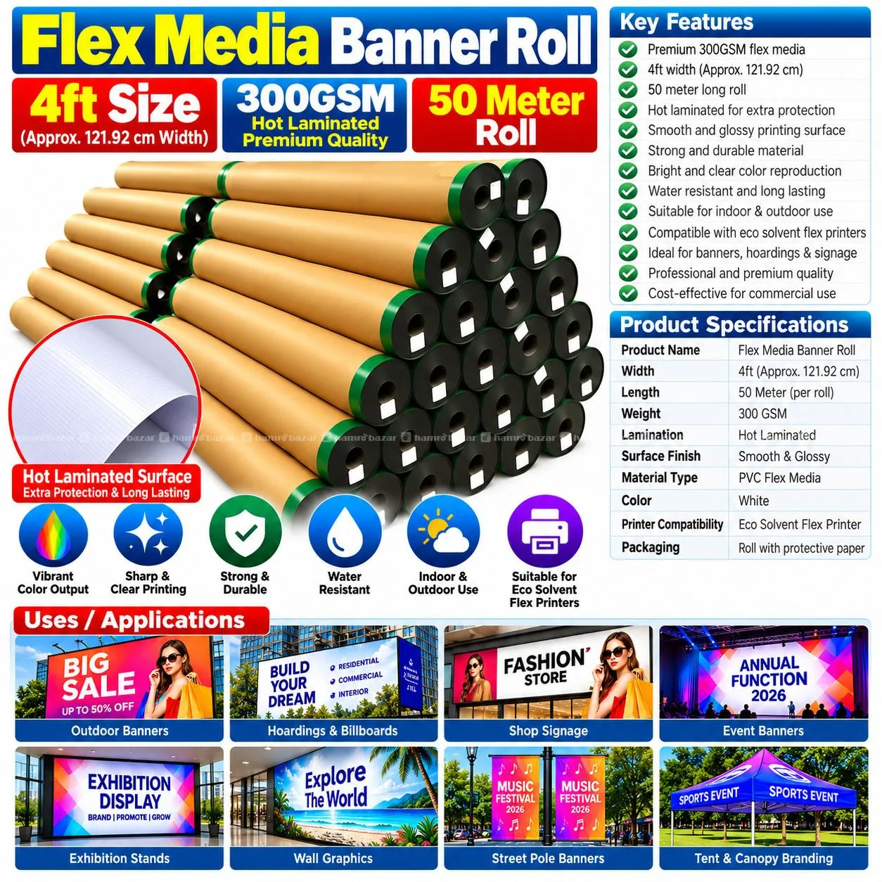 Flex Banner Roll 300GSM 4ft Size Standard Quality