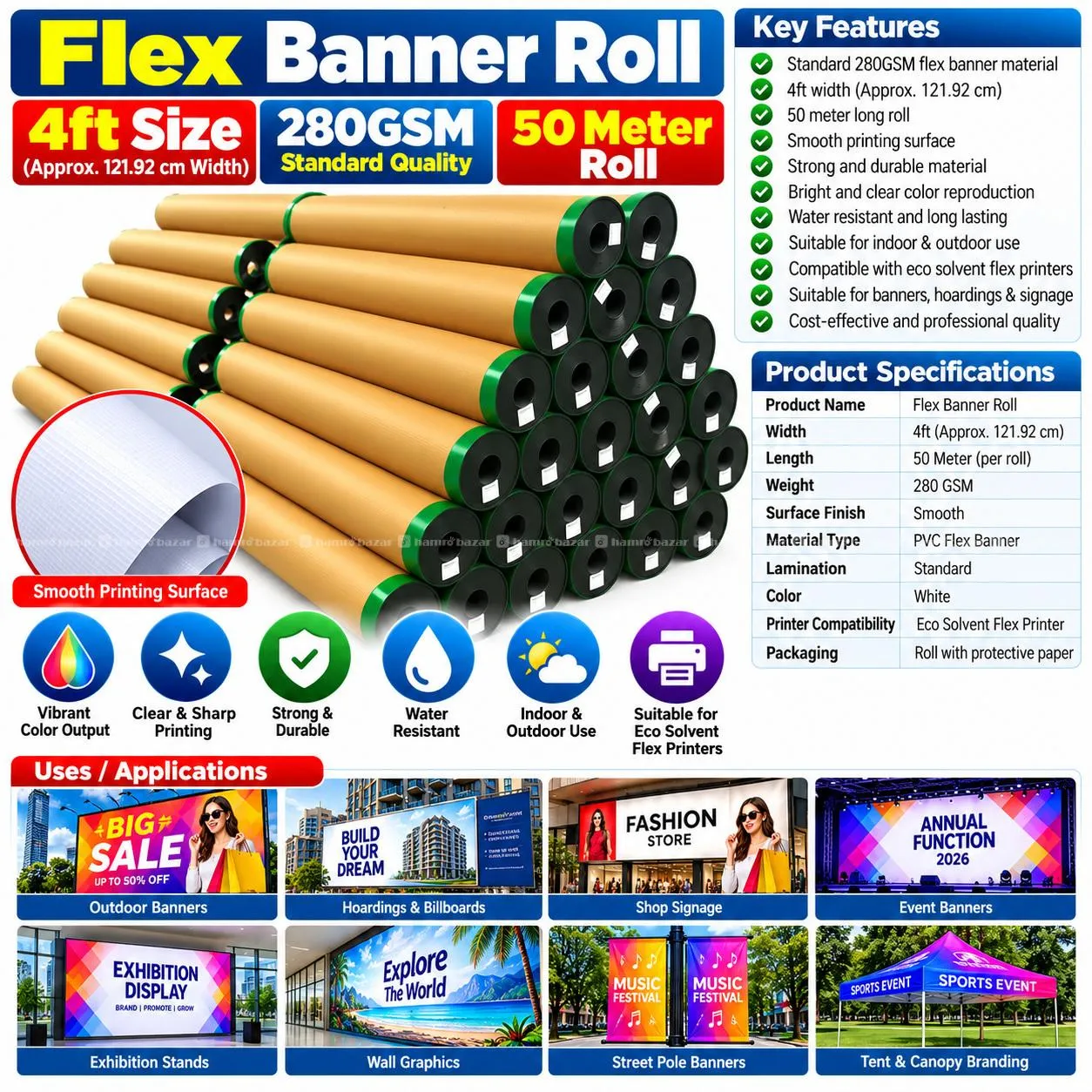 Flex Banner Roll 280GSM 4ft Size Standard Quality